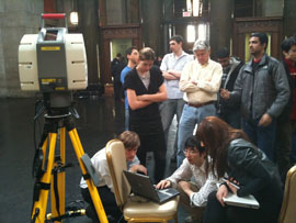 Cloud Lab Researchers and Columbia CS students checking progress of 3D point scan